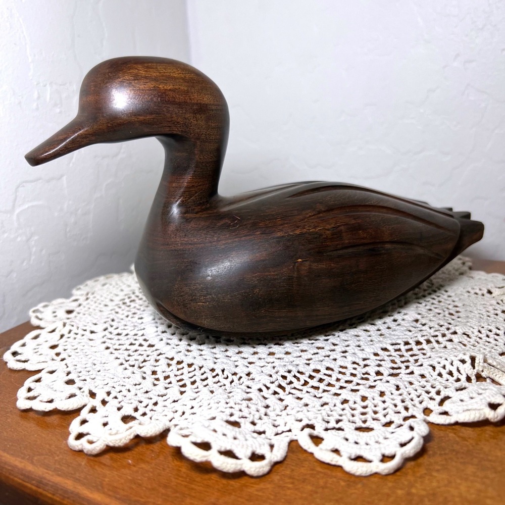Vintage Hand Carved Solid Wood Duck Decoy Figurine Dark Brown 9 Inch